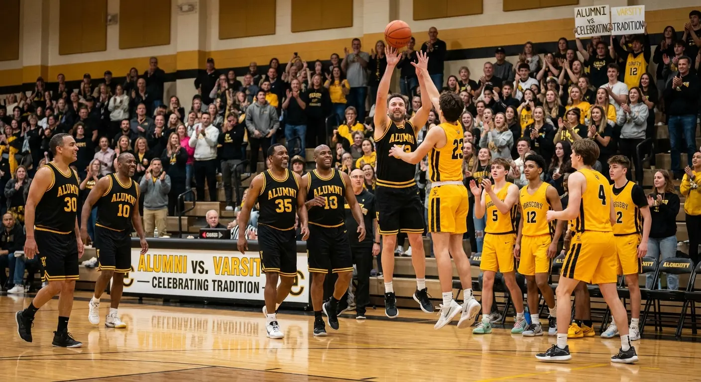 Alumni basketball game fundraising event with past and current players