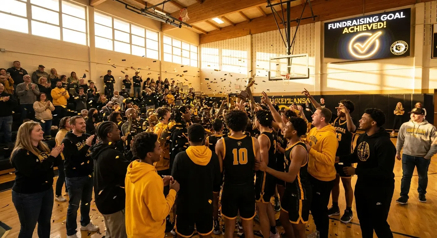 Basketball team celebrating successful fundraising campaign goal achievement