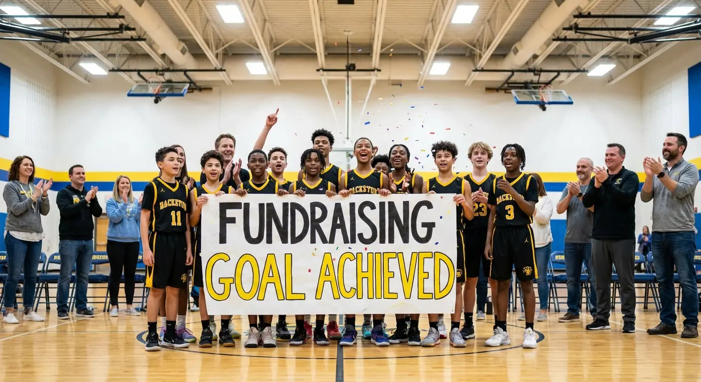Youth basketball team celebrating successful fundraising campaign