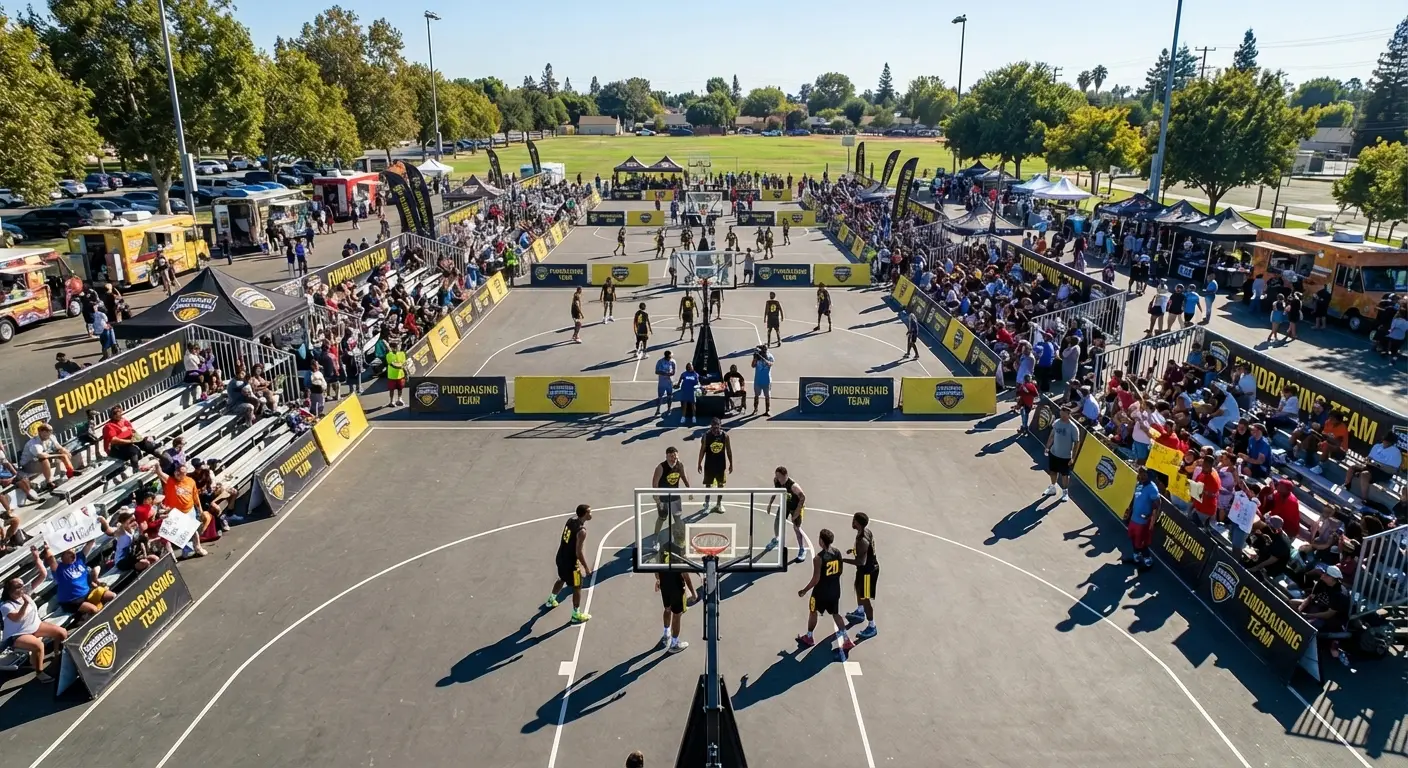 3-on-3 basketball tournament fundraiser with multiple courts and teams