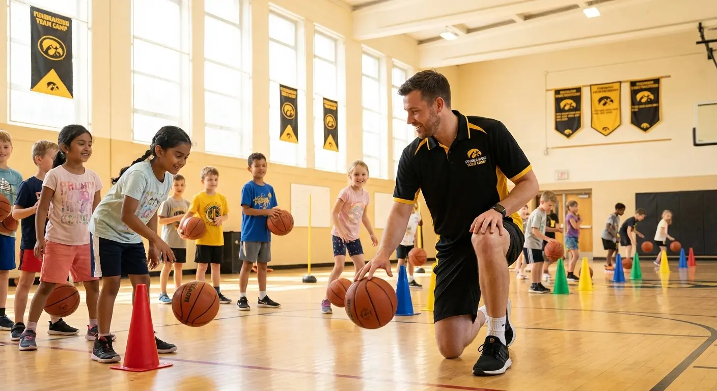 Youth basketball skills camp with coach teaching fundamentals